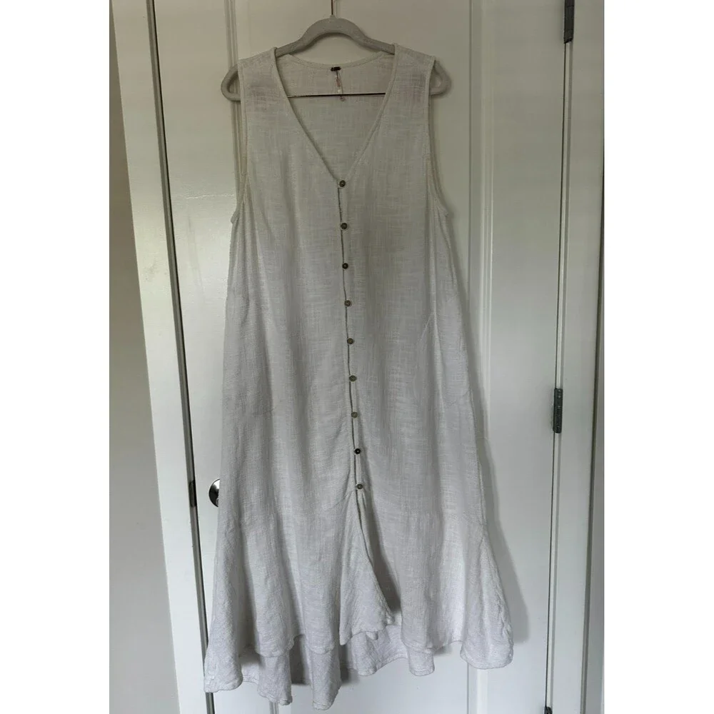 Free People White Cotton Button Front Maxi Dress Sleeveless Size Medium Boho